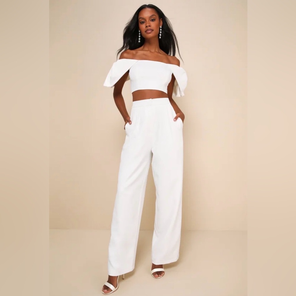 Captivating Entrance White Off-the-Shoulder Two-Piece Jumpsuit